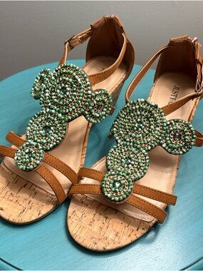 JustFab Tan Sandals with Green Beaded Circles